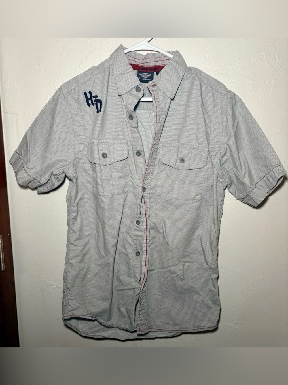Harley Davidson Mens S Gray Contrast Stitch Short Sleeve Mechanic Button Shirt